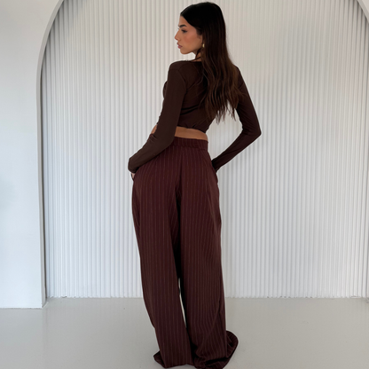 Brown Pinstripe Wide-Leg Tailored Pants