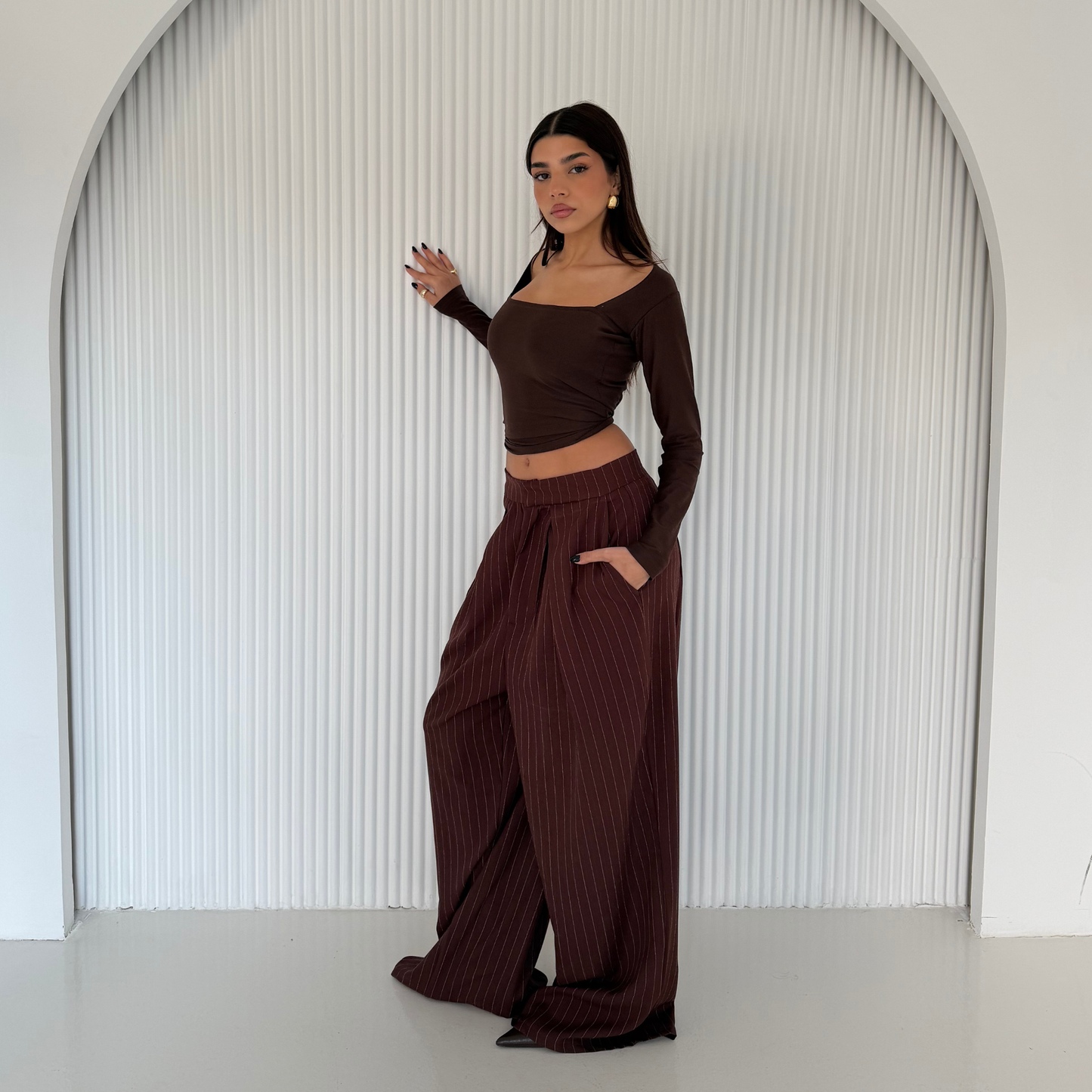 Brown Pinstripe Wide-Leg Tailored Pants