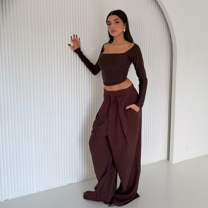 Brown Pinstripe Wide-Leg Tailored Pants