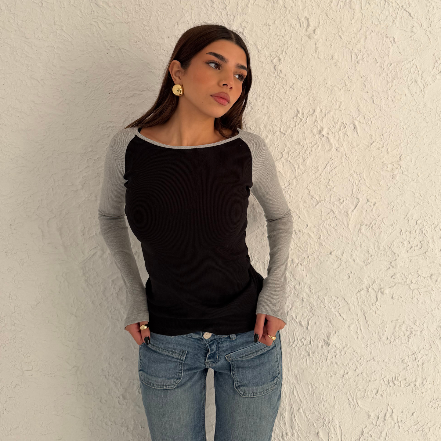 Raglan long sleeve top in Black