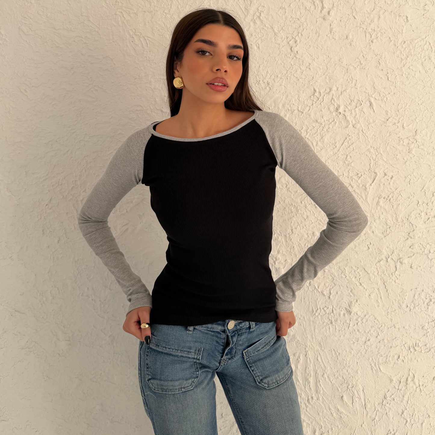 Raglan long sleeve top in Black