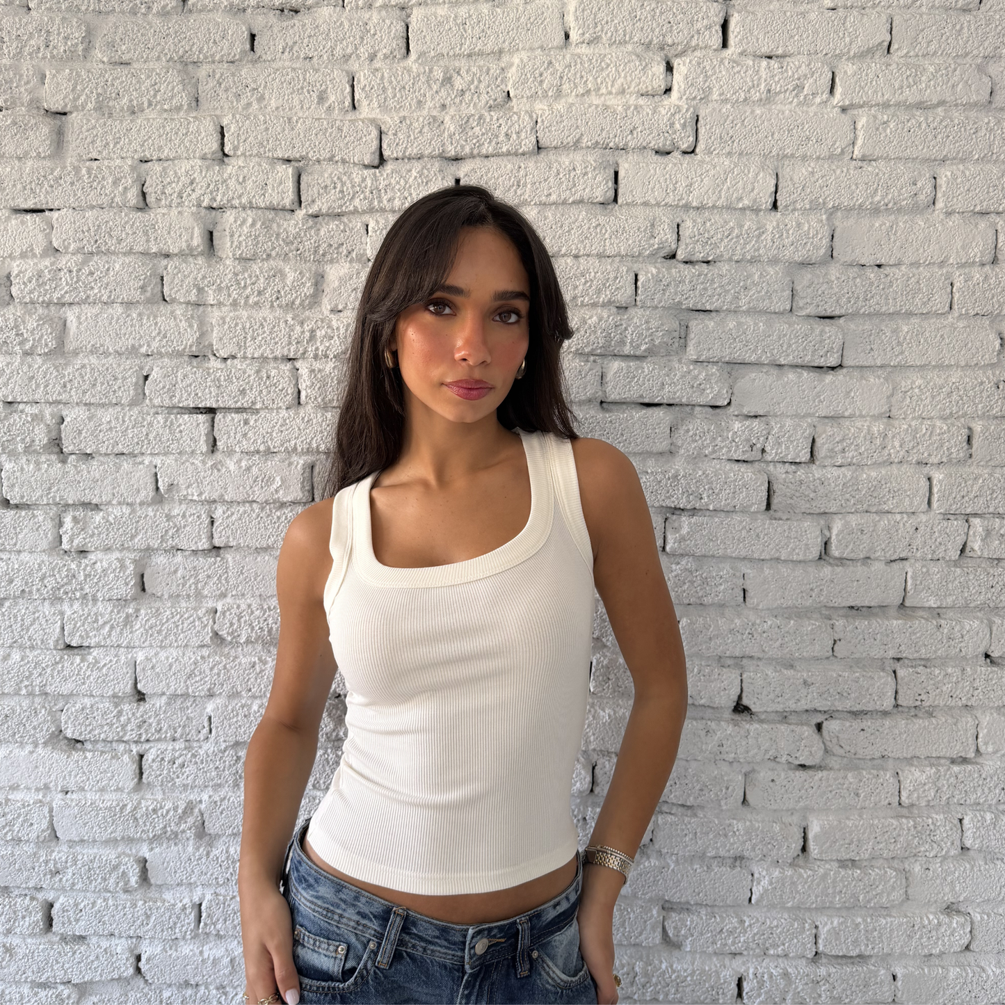 White Round Wide Ribbed Tank Top