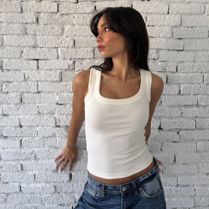 White Round Wide Ribbed Tank Top