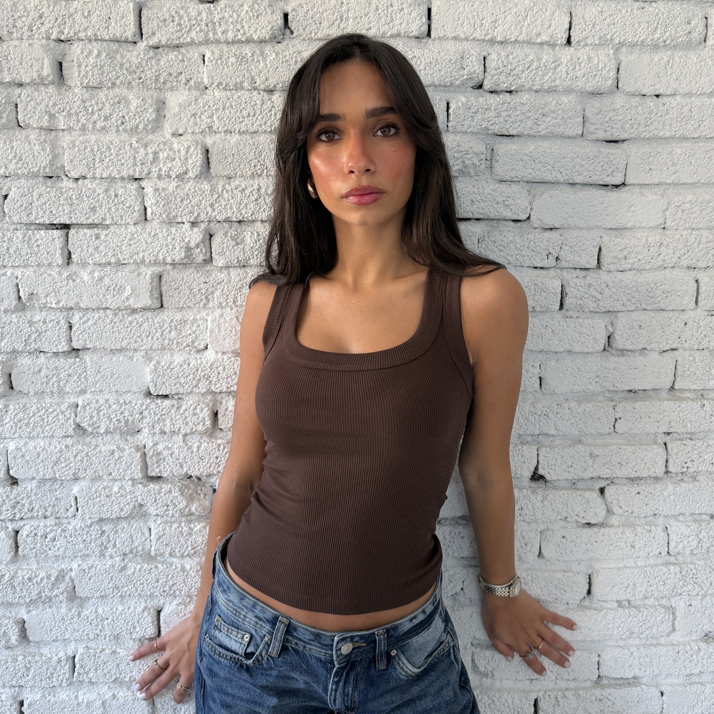 Brown Round Wide Ribbed Tank Top