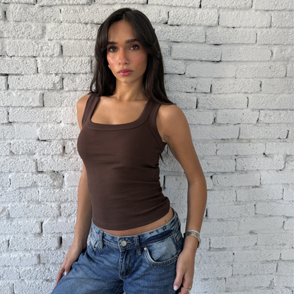 Brown Round Wide Ribbed Tank Top
