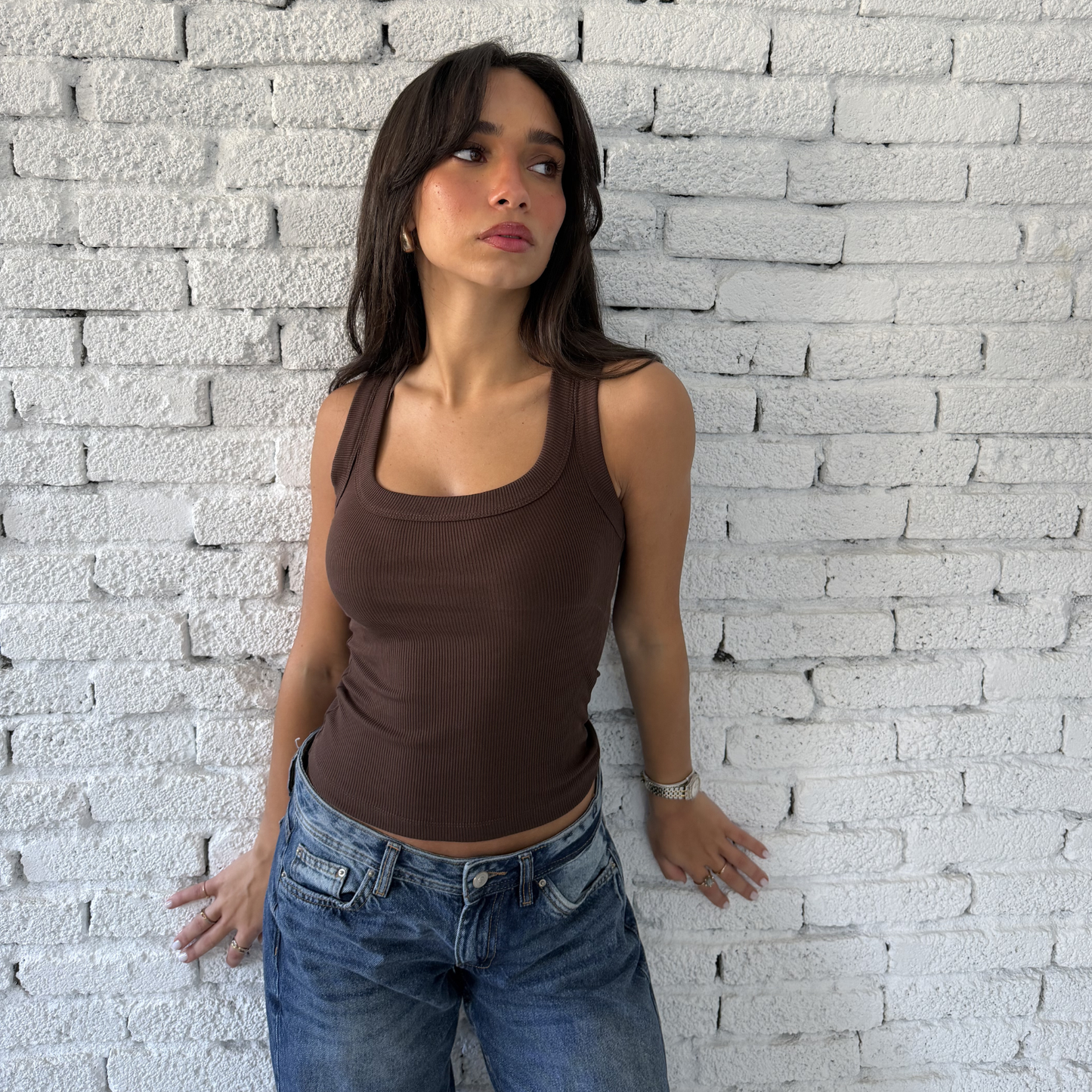 Brown Round Wide Ribbed Tank Top