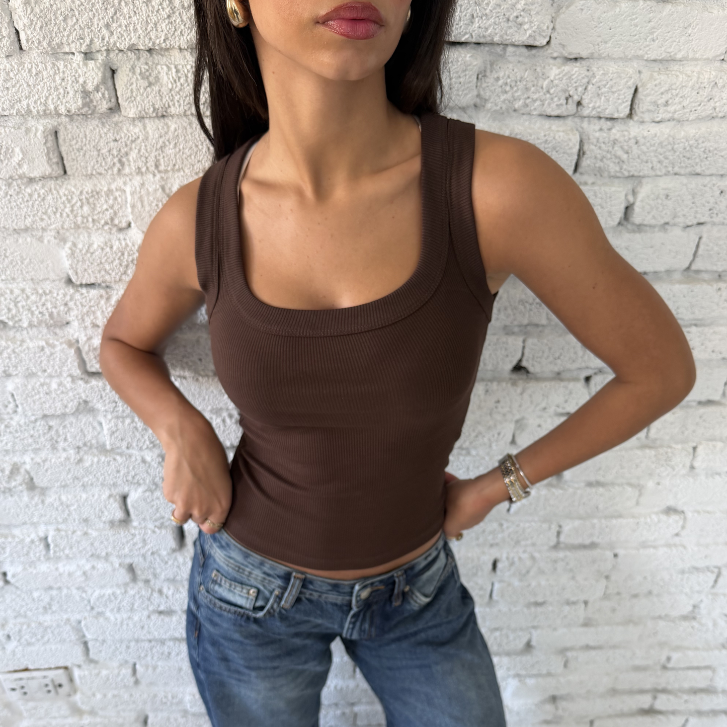 Brown Round Wide Ribbed Tank Top