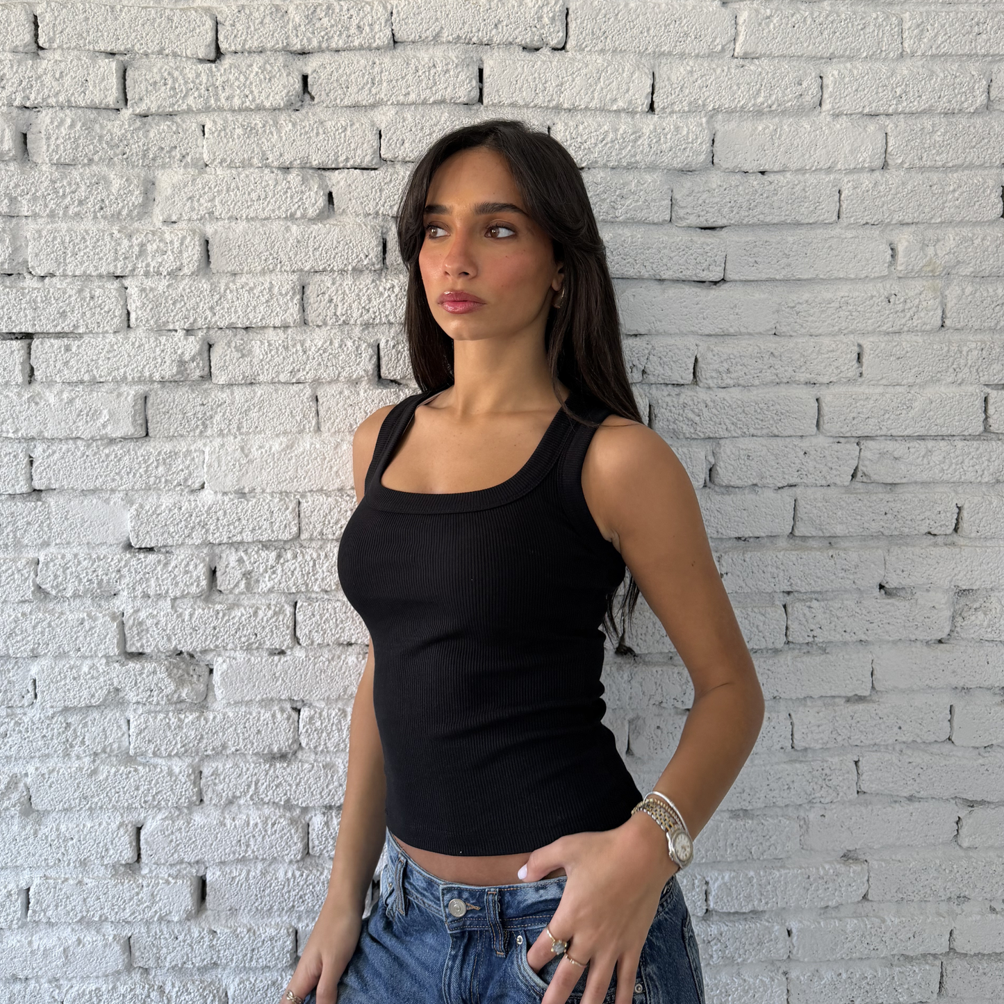 Black Round Wide Ribbed Tank Top