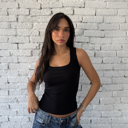 Black Round Wide Ribbed Tank Top