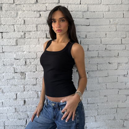 Black Round Wide Ribbed Tank Top