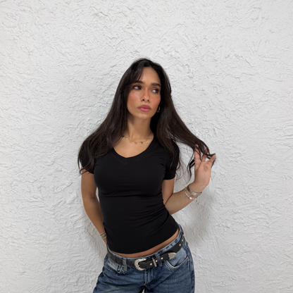 Black V-Neck Short Sleeves Top