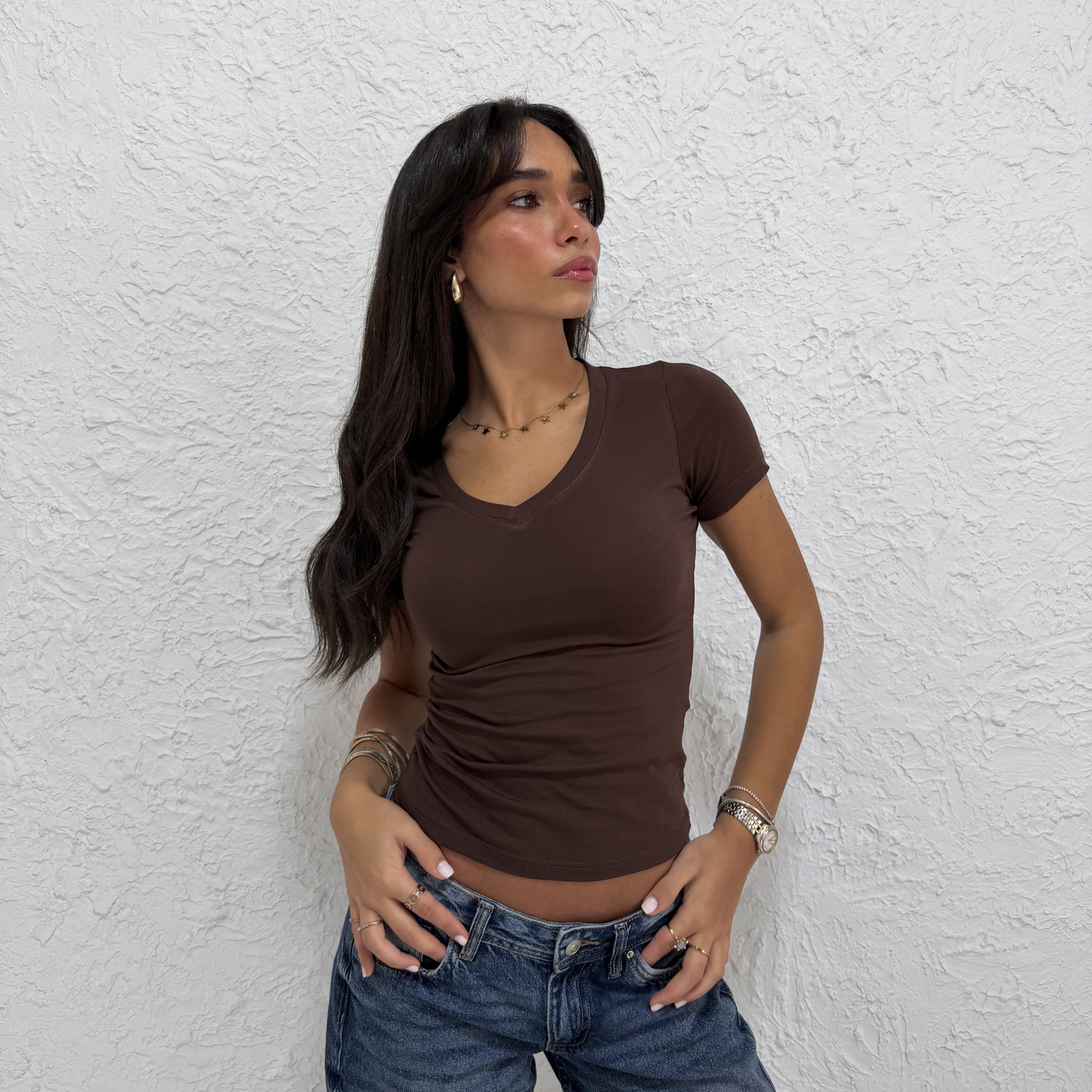 Brown V-Neck Short Sleeves Top