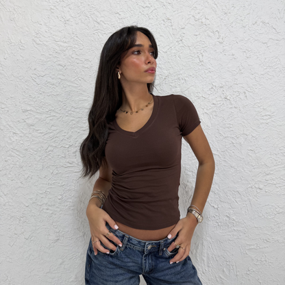 Brown V-Neck Short Sleeves Top