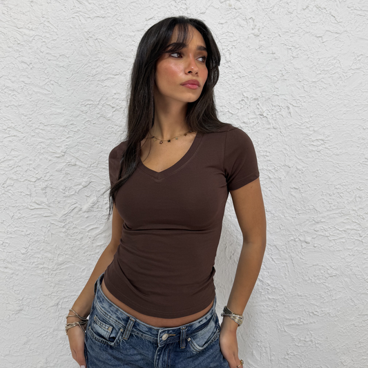 Brown V-Neck Short Sleeves Top
