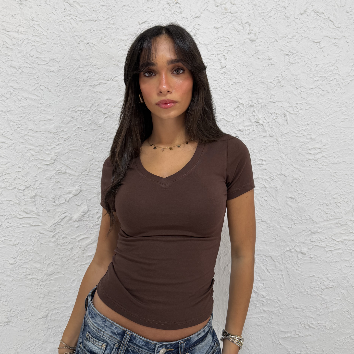 Brown V-Neck Short Sleeves Top