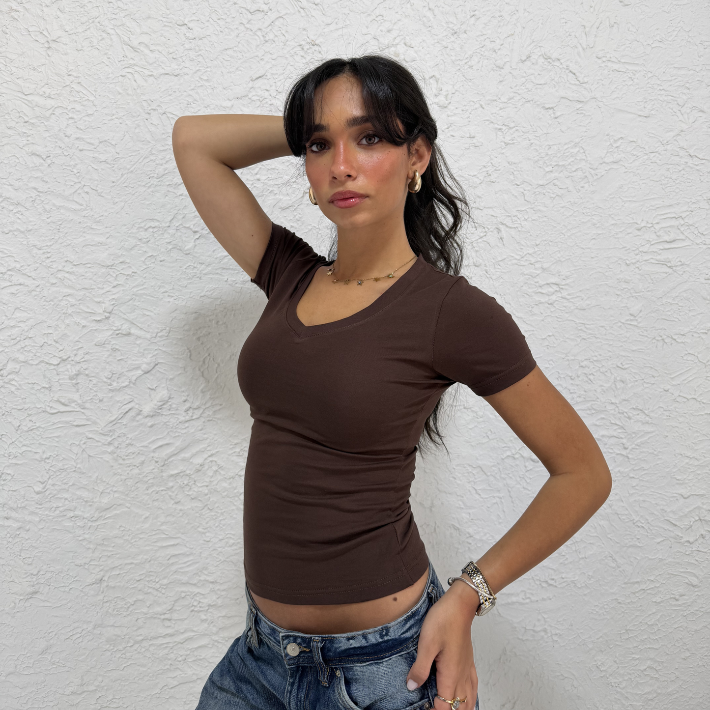Brown V-Neck Short Sleeves Top