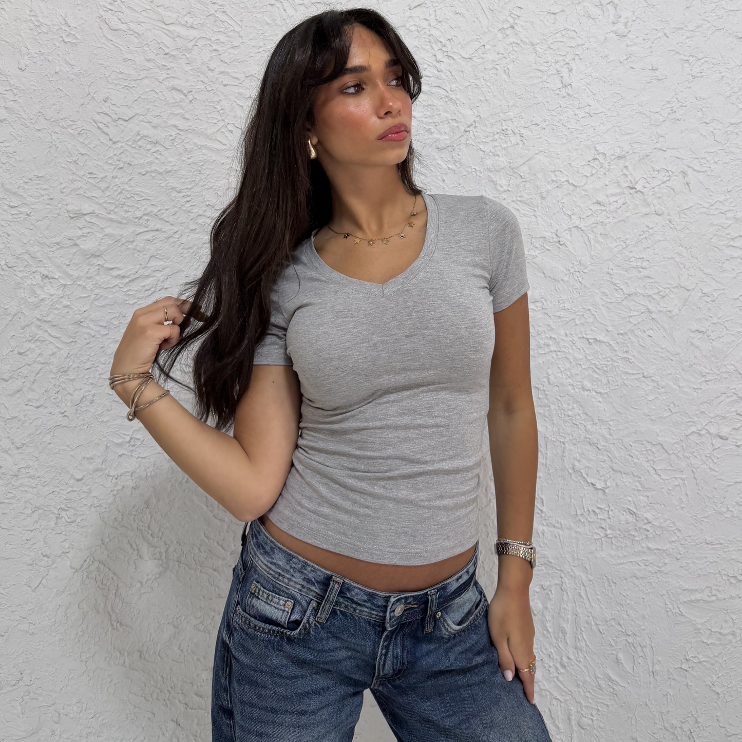 Light Gray V-Neck Short Sleeves Top
