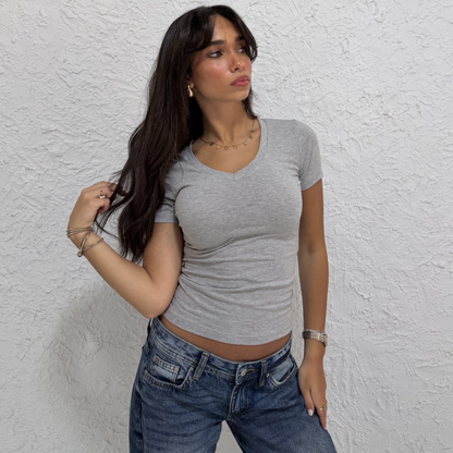 Light Gray V-Neck Short Sleeves Top