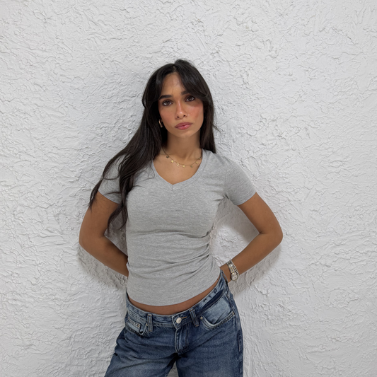 Light Gray V-Neck Short Sleeves Top