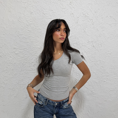Light Gray V-Neck Short Sleeves Top