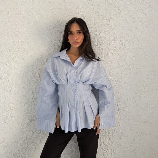 Blue Sculpted Waist Striped Shirt