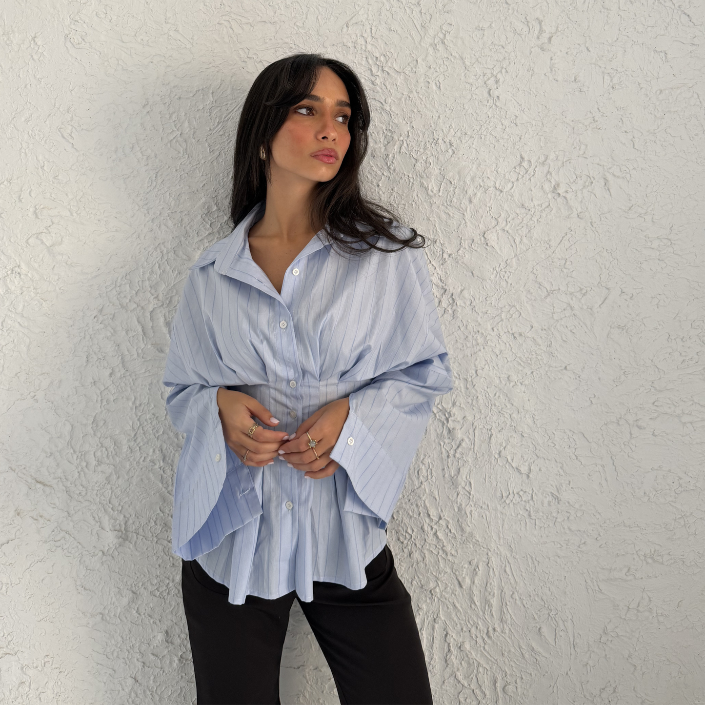 Blue Sculpted Waist Striped Shirt