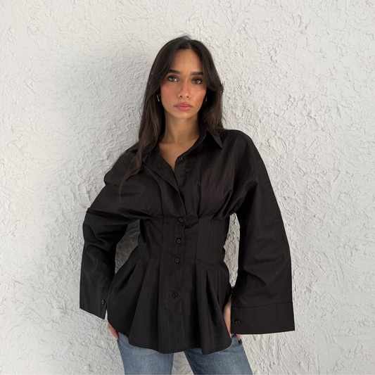 Black Sculpted Waist Striped Shirt