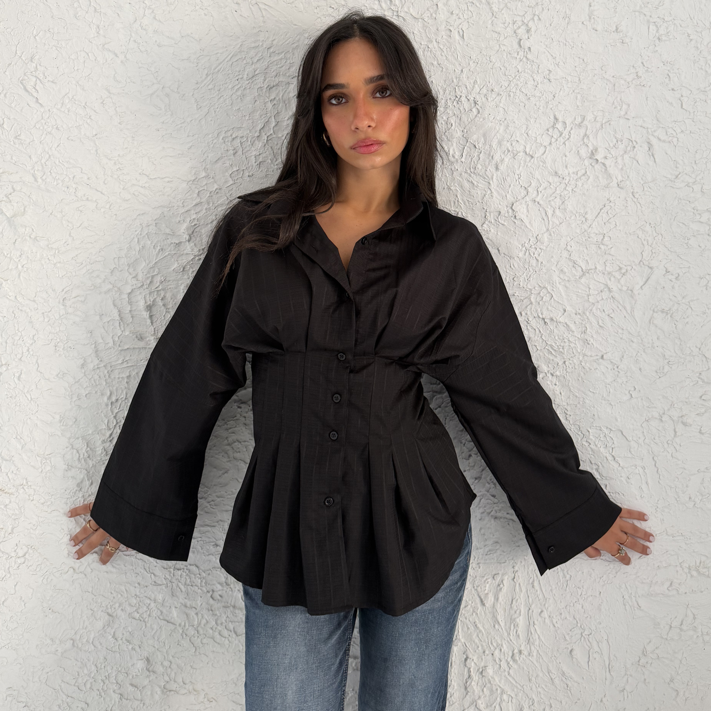 Black Sculpted Waist Striped Shirt