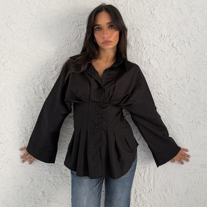 Black Sculpted Waist Striped Shirt