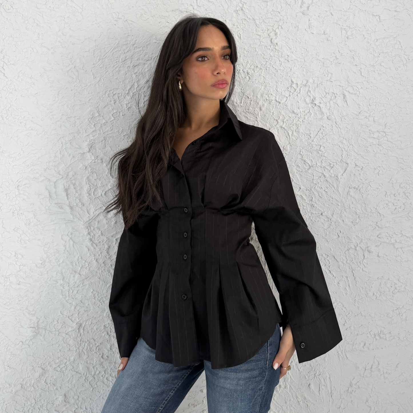 Black Sculpted Waist Striped Shirt