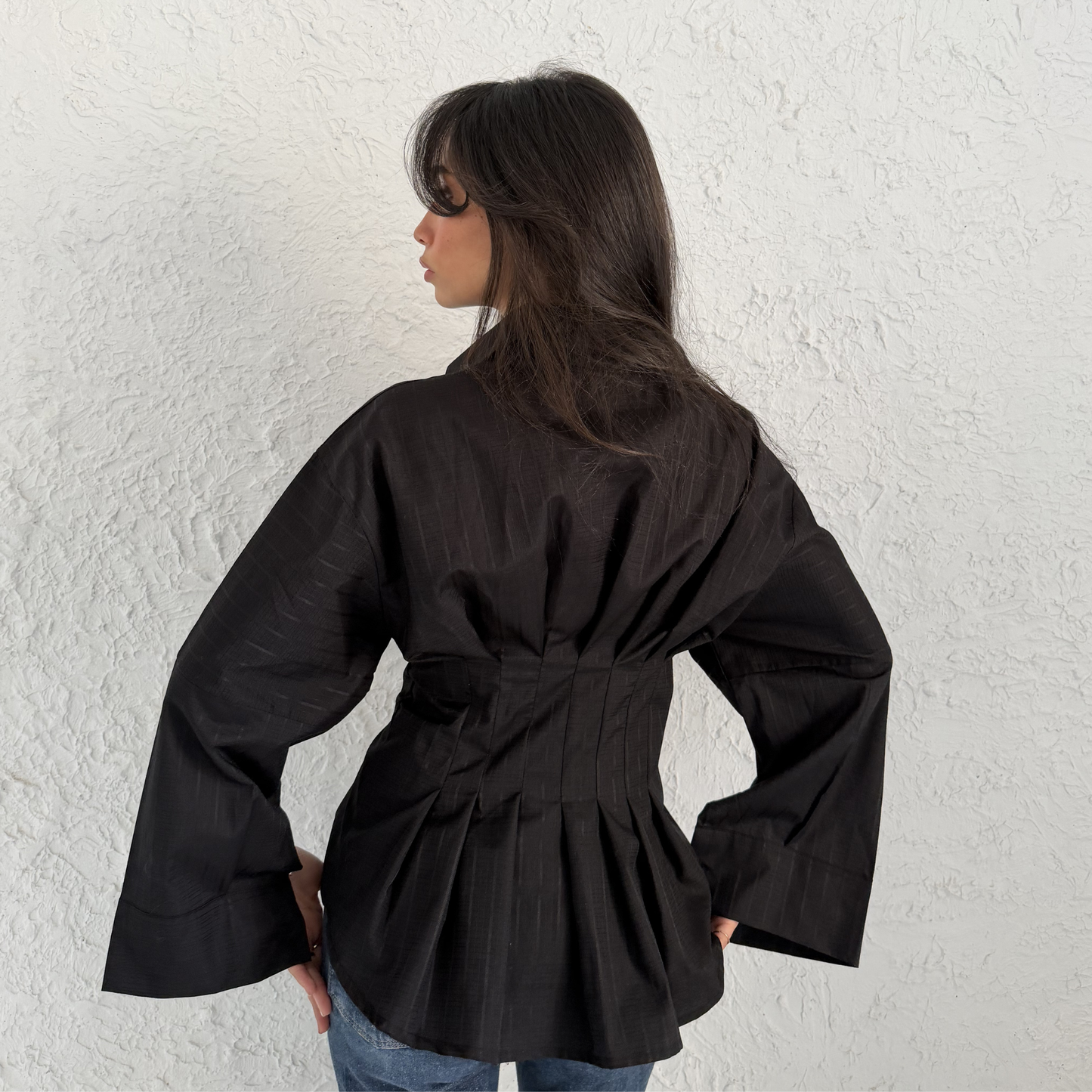Black Sculpted Waist Striped Shirt