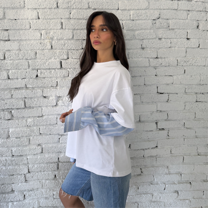 Oversized Tee with Striped Sleeves