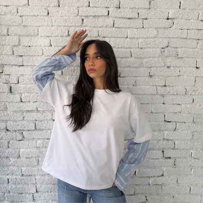 Oversized Tee with Striped Sleeves