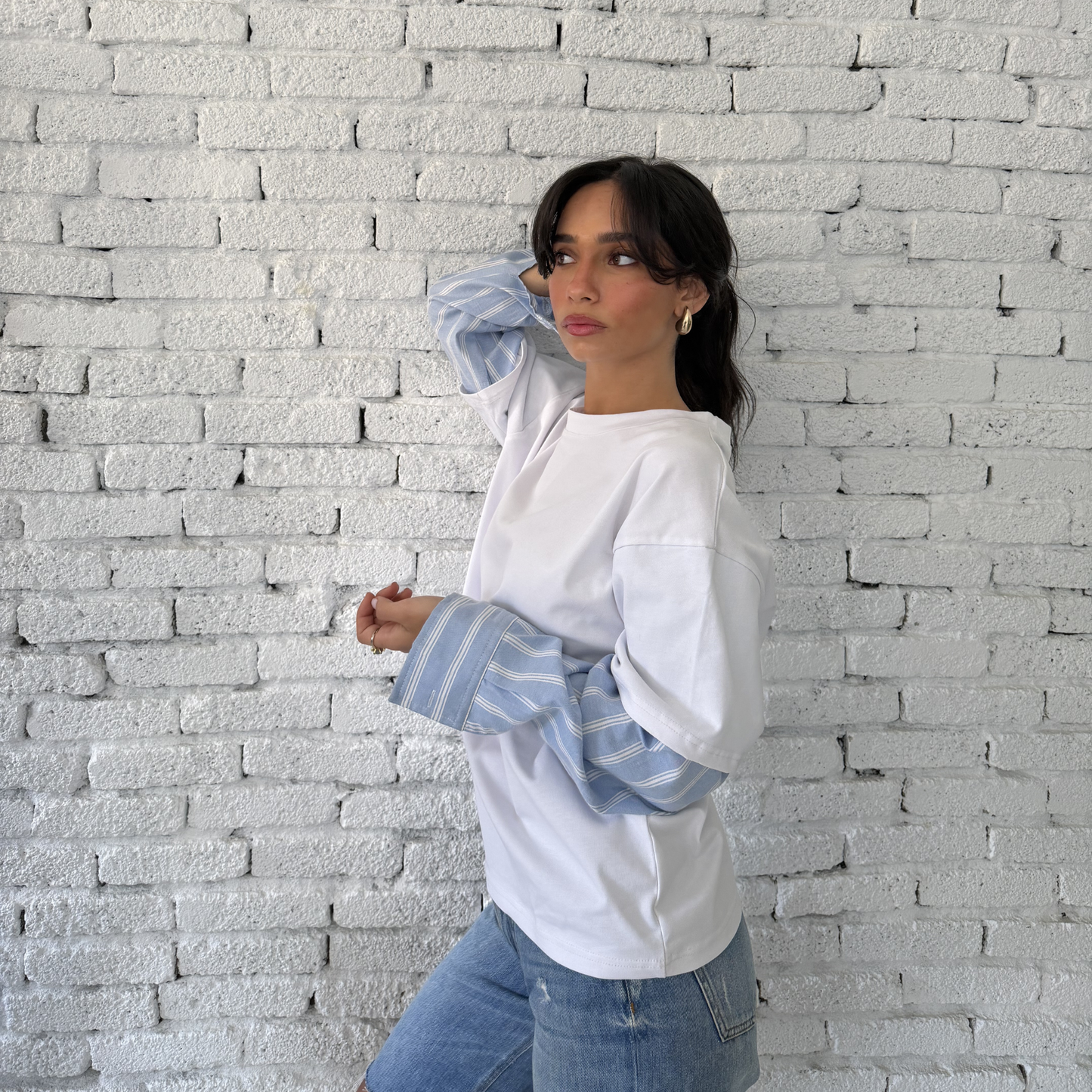 Oversized Tee with Striped Sleeves