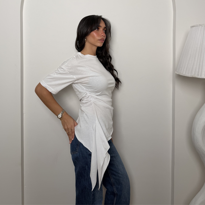 White Crew-Neck T-Shirt with Ruched Drawstring Sides