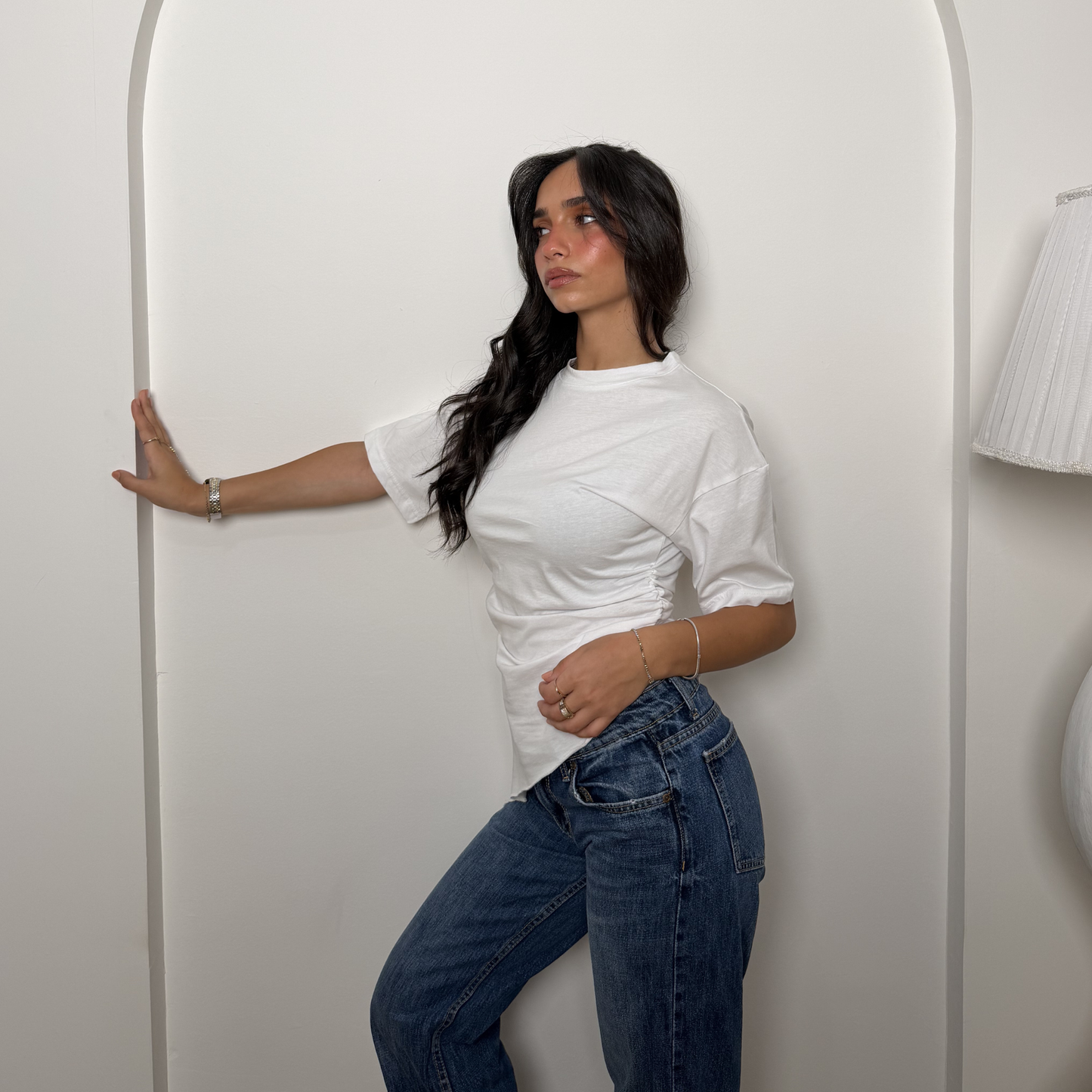 White Crew-Neck T-Shirt with Ruched Drawstring Sides