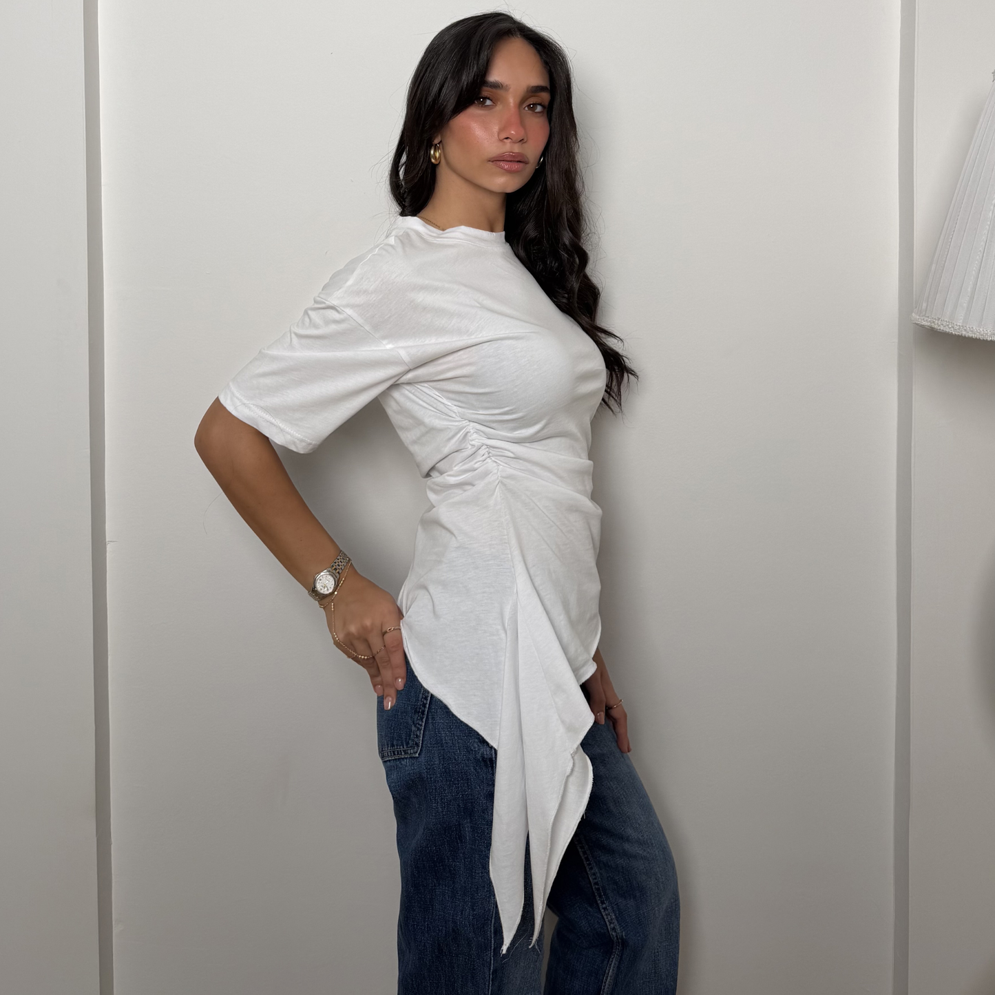 White Crew-Neck T-Shirt with Ruched Drawstring Sides