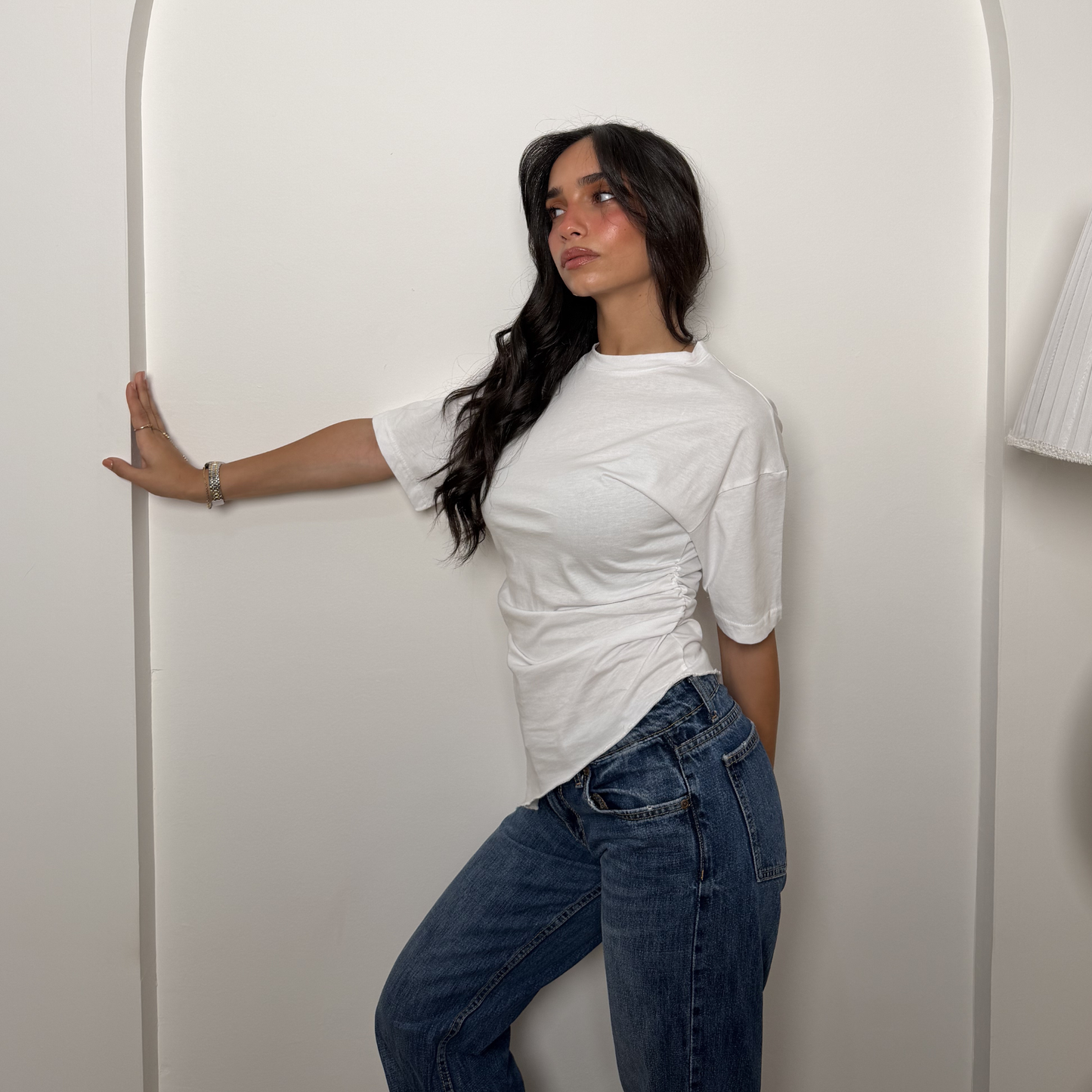 White Crew-Neck T-Shirt with Ruched Drawstring Sides