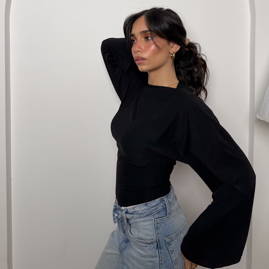 Black Sculpt Flare Sleeve Top