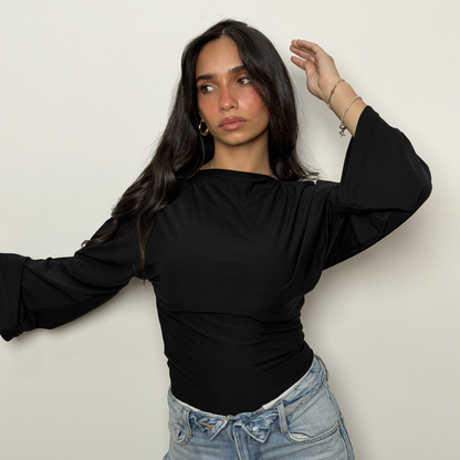 Black Sculpt Flare Sleeve Top