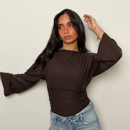 Brown Sculpt Flare Sleeve Top