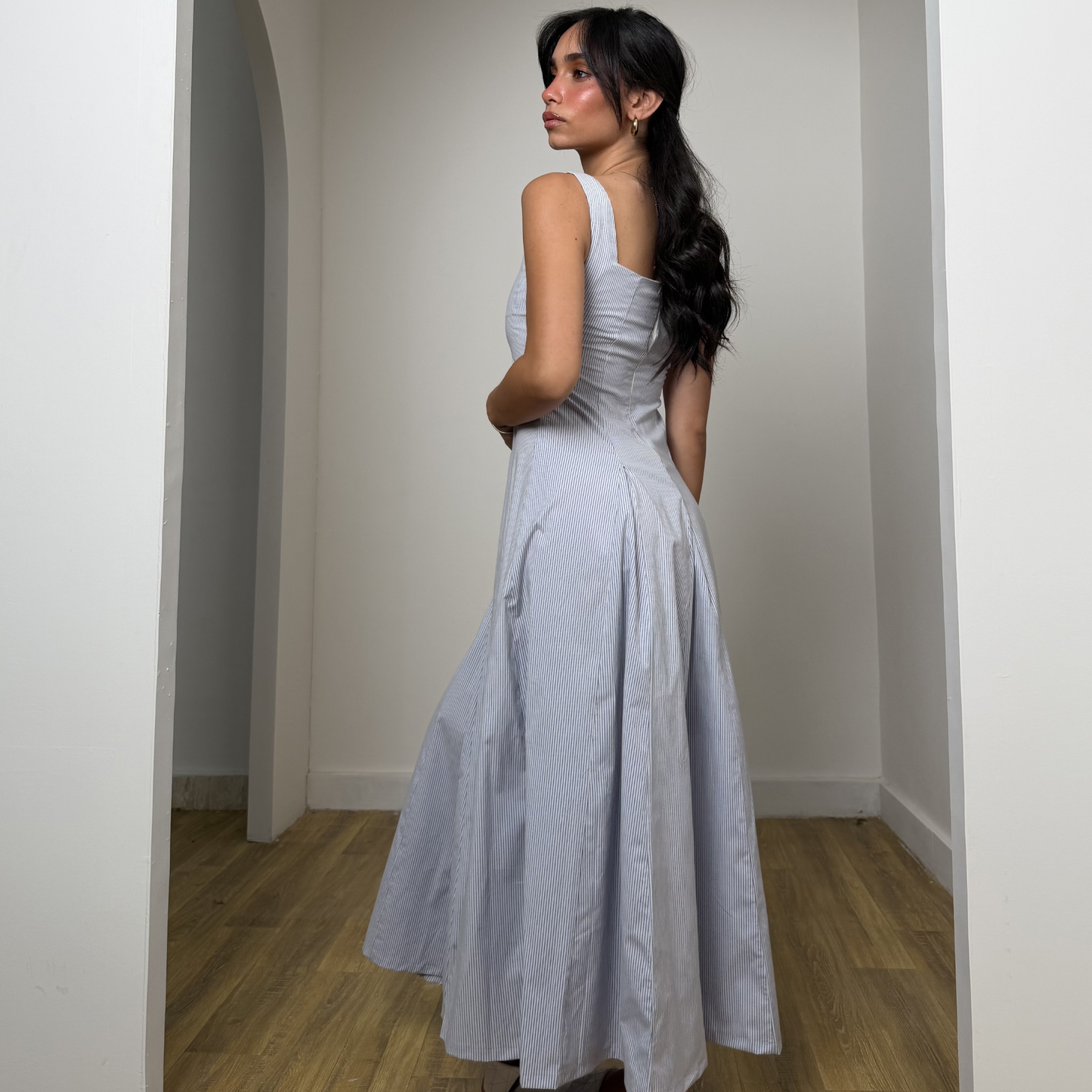 Blue Pinstriped Maxi Dress