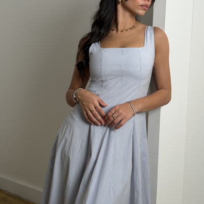 Blue Pinstriped Maxi Dress