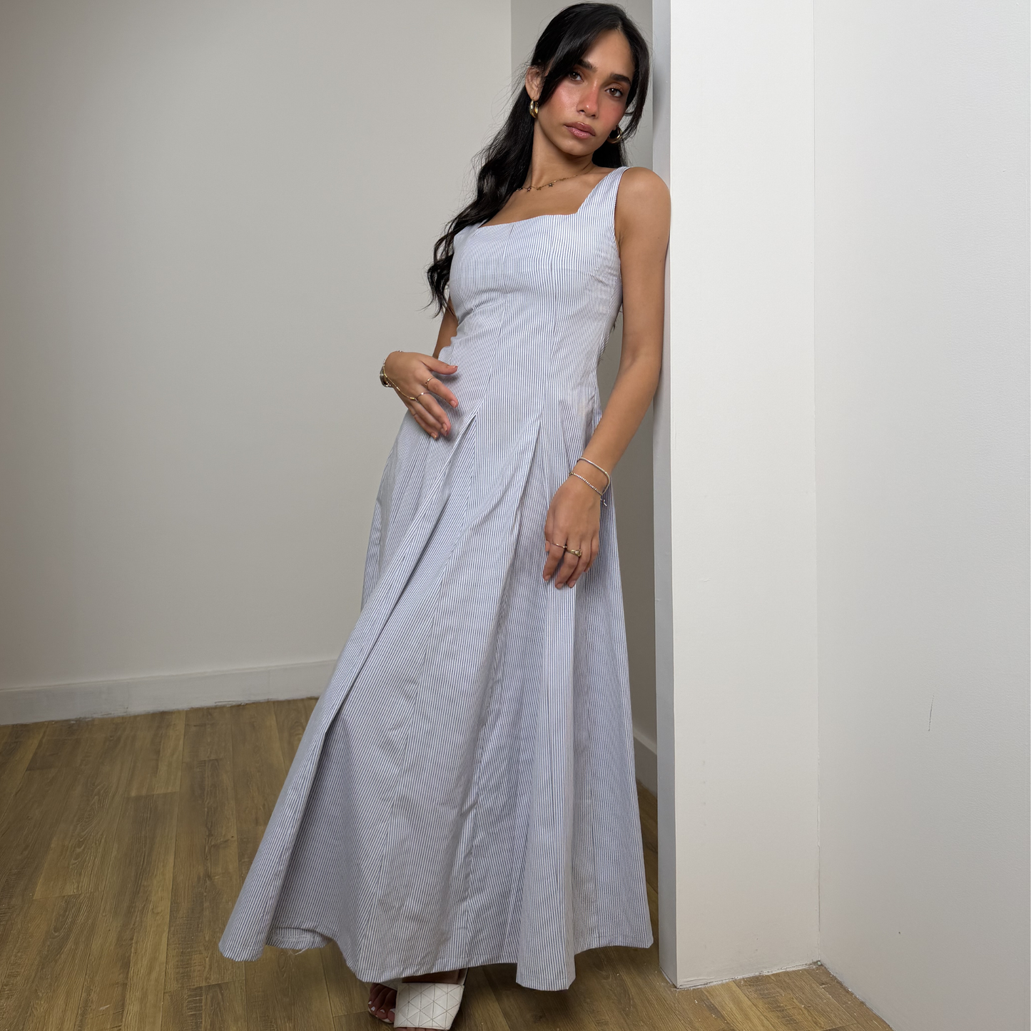 Blue Pinstriped Maxi Dress