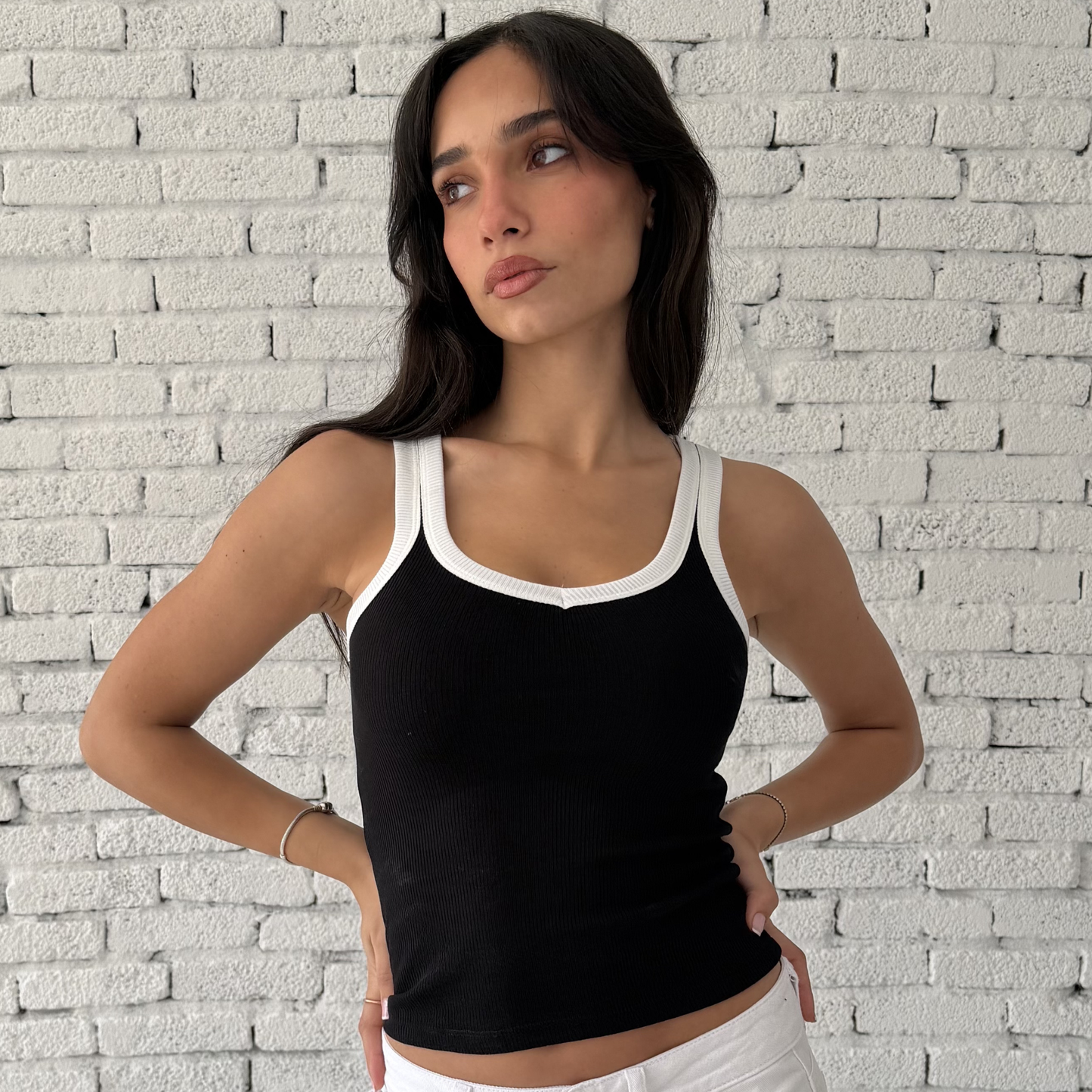 Black &White Ribbed V- tank top