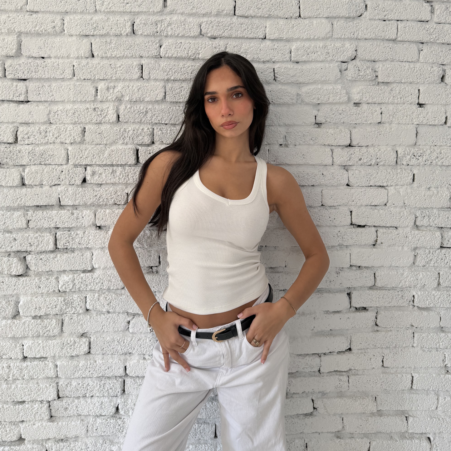 White Ribbed V-Neck Tank Top