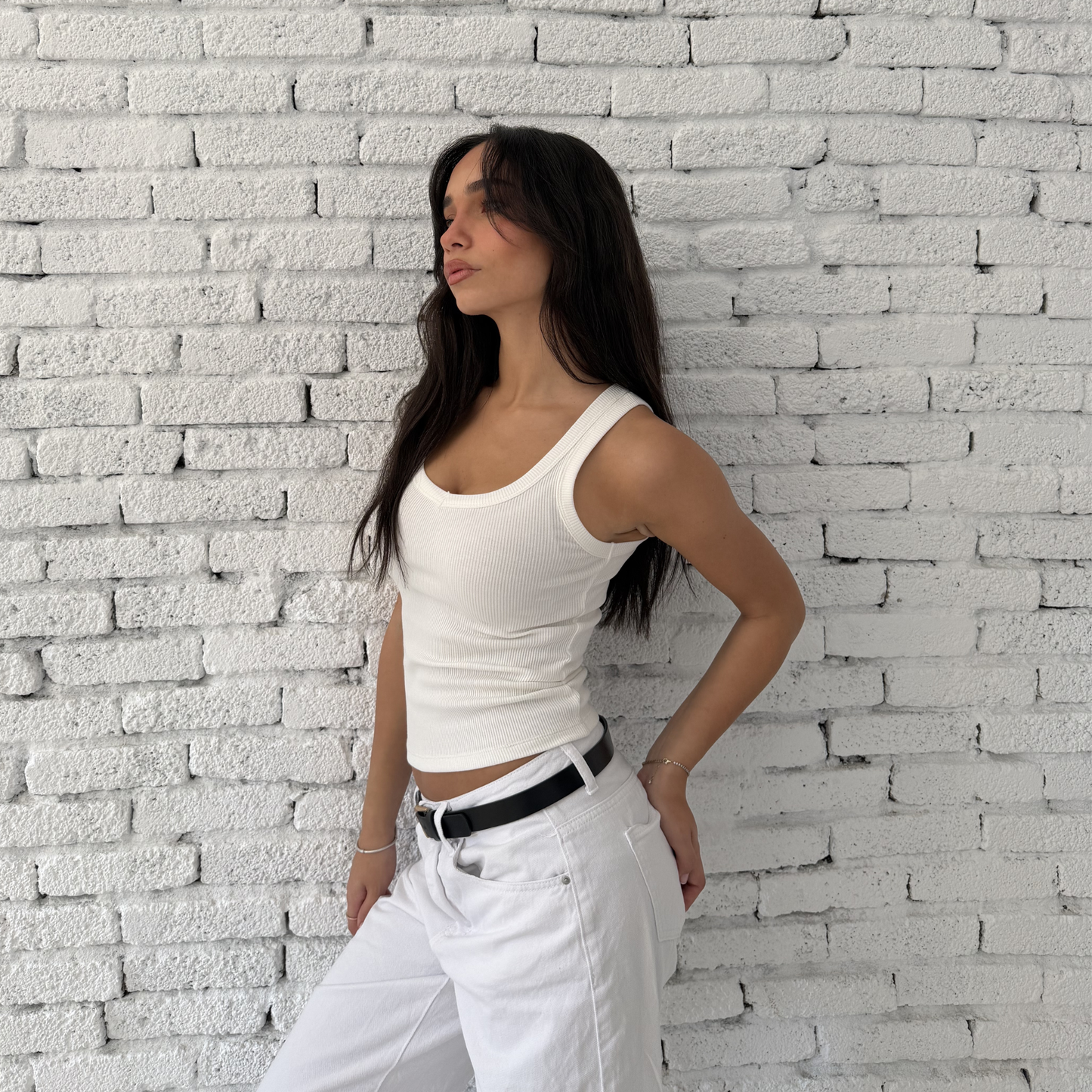 White Ribbed V-Neck Tank Top