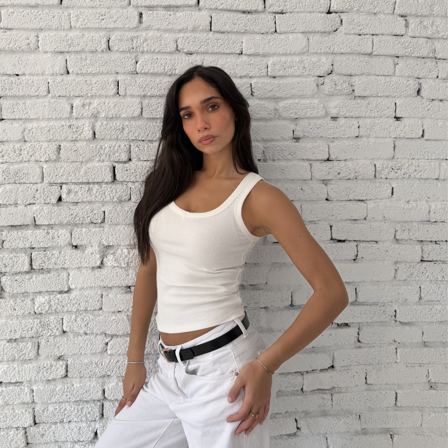 White Ribbed V-Neck Tank Top