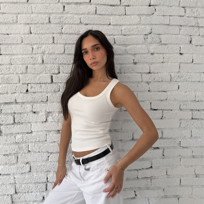 White Ribbed V-Neck Tank Top
