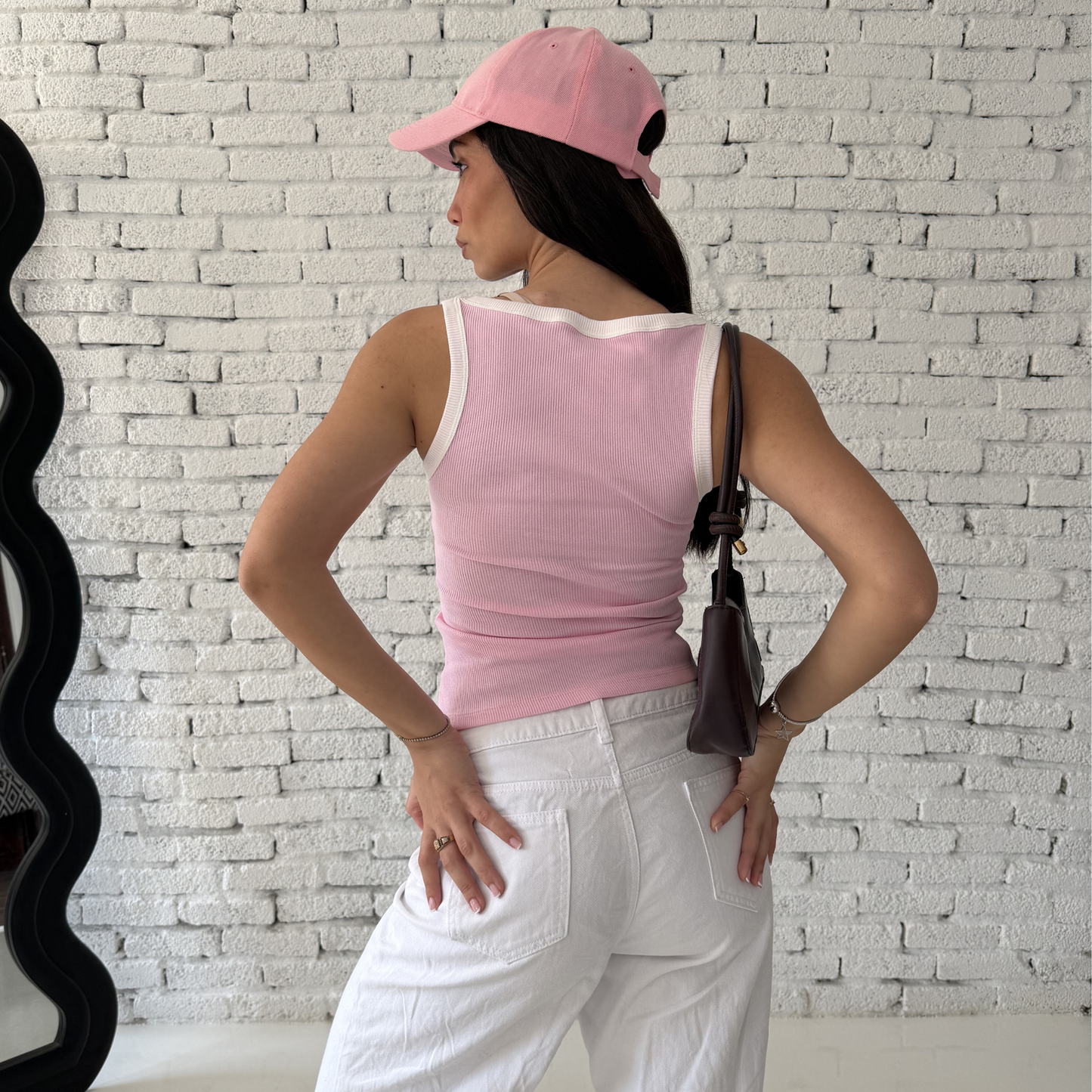 Pink & White Ribbed V-Tank top